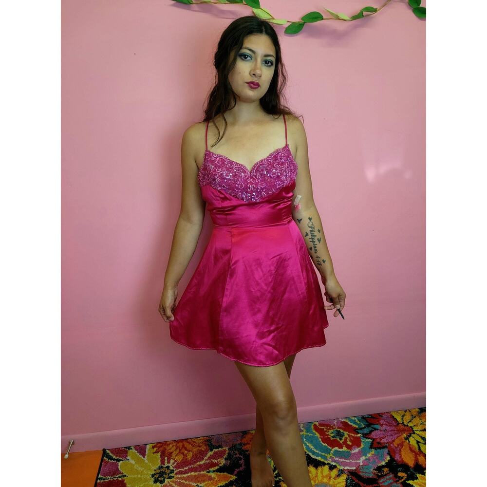 1990s Y2K Jessica McClintock for Gunne Sax Hot Pink Satin Beaded Mini Slip Dress
